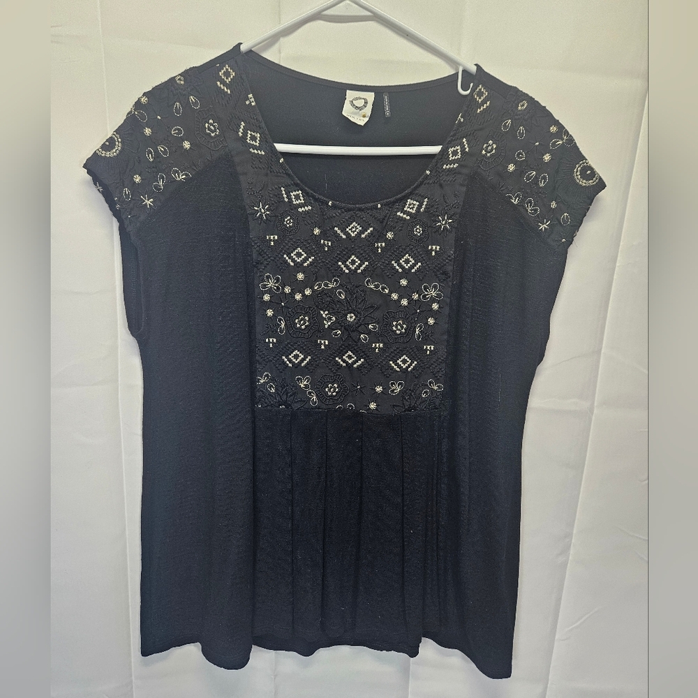 Akemi & Kin Gold Embroidered Gathered Black Women's Top